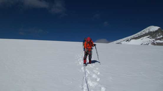 Descending the glacier. There's surprisingly little post-holing on top of our tracks.