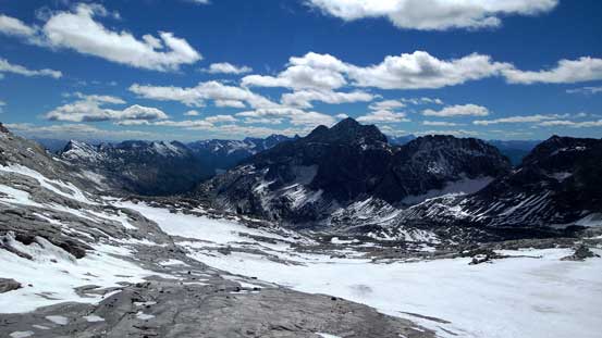 Looking down our descending valley - Mt. Marcouni in the background