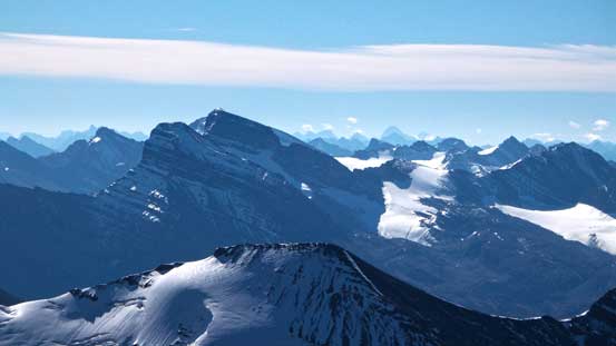 Towards our south are the giants in Skoki - Mt. Douglas and Mt. St. Bride. 