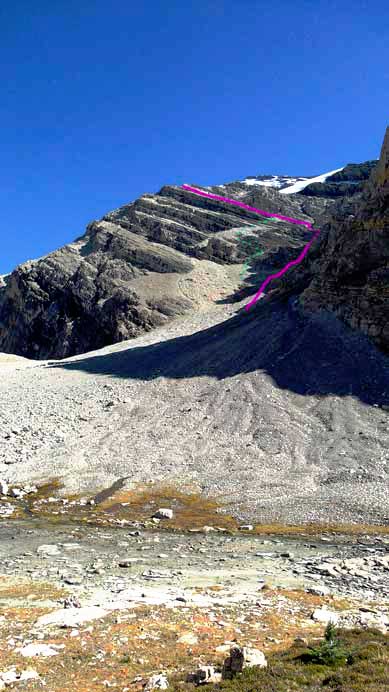 Looking back. Purple line shows our descent route while green dots is where we ascended. 