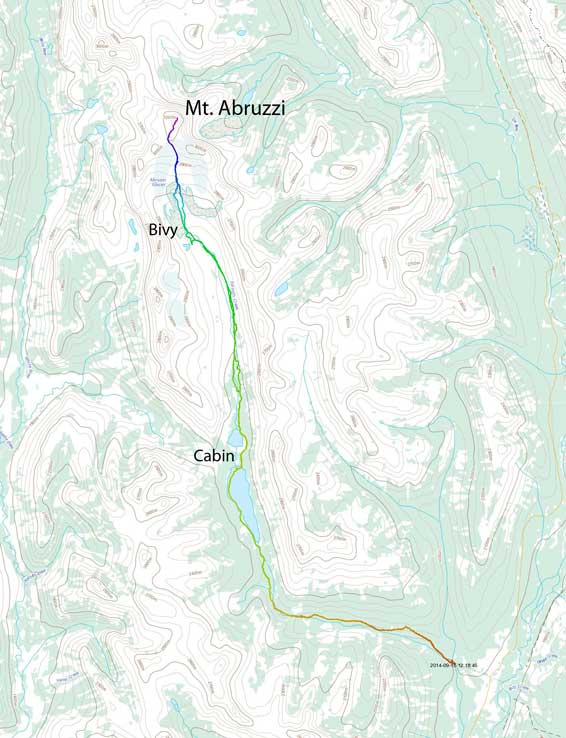 Mt. Abruzzi approach and ascent route from Conner Lakes