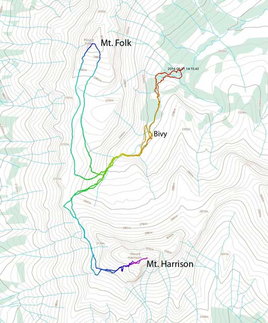 Scramble routes for Mt. Harrison (SW Face) and Mt. Folk