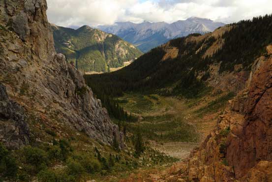 Looking down our descent bowl - an alternate route that we hoped for the best. Photo by Ben