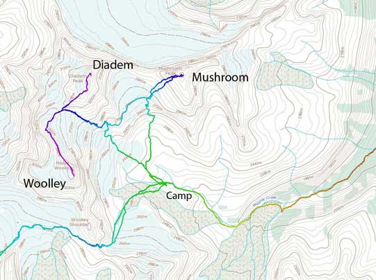 Ascent routes for Mt. Woolley, Diadem Peak and Mushroom Peak