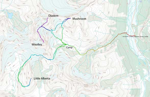 Ascent routes for Little Alberta, Mt. Woolley, Diadem Peak and Mushroom Peak