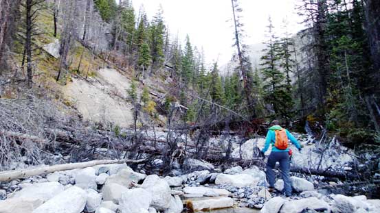 Vern ascending the typical terrain in this drainage