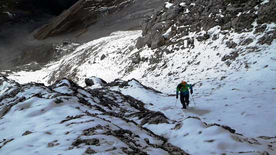 Around a corner, terrain got steeper and more slippery. 