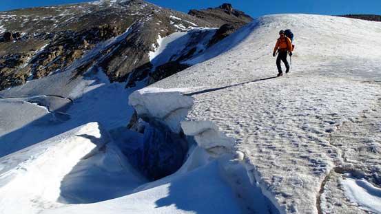 Here's that huge crevasse. I took this picture while standing on a solid snow bridge.