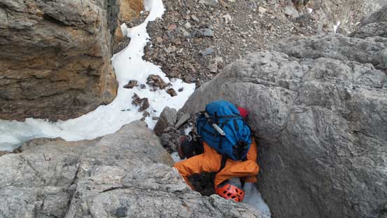 Raff down-climbing the next step