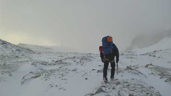 Heading into the white-out. We were hoping to have at least some visibility on that glacier.