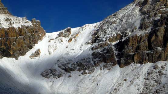 The scree slog to Whitegoat I/II col is now a snow slog...