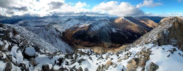 Panorama from the summit. Our bivy will be by the stream, left of center in this picture.