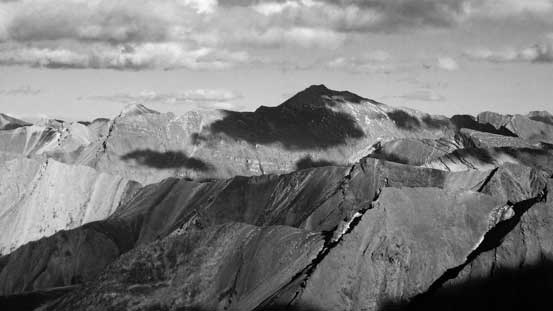 Obstruction Mountain in black-and-white. It's the highest peak in its vicinity