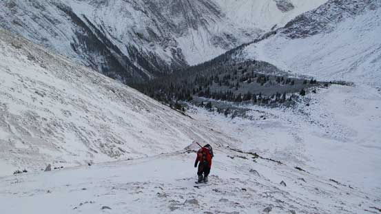 Starting the ascent - slippery moss. It wasn't bad on mountaineering boots, but Ben really picked the wrong footwear for this trip..