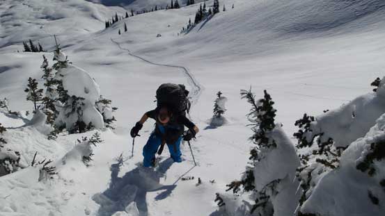 Ascending steeply up a slope to crest the ridge