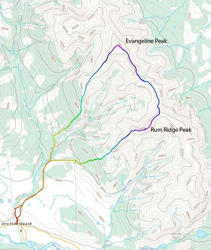 Evangeline Peak to Rum Ridge Peak scramble route