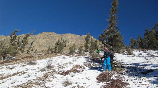 Descending the last steep slope. Slippery and hard on our knees...