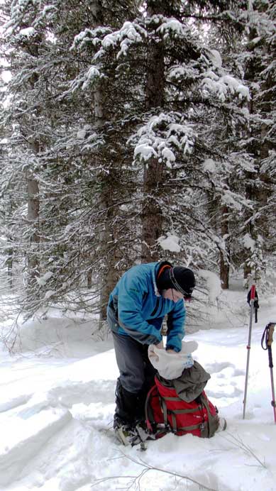 Grant taking a short break in the bush. It was freakin' cold...