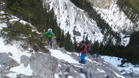Ben and Vern exiting the first wall. We bypassed it on climber's right side through steep trees