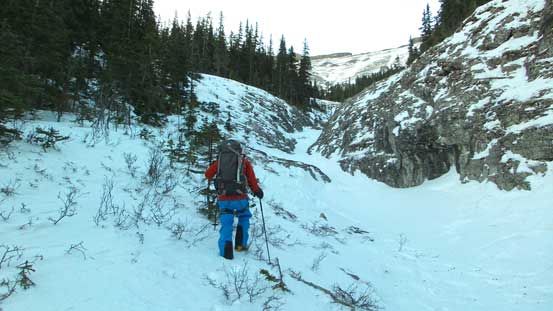 Still quite a ways to go to treeline. LOTS of post-holing.