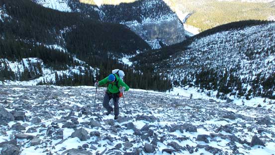Vern slogging up frozen scree
