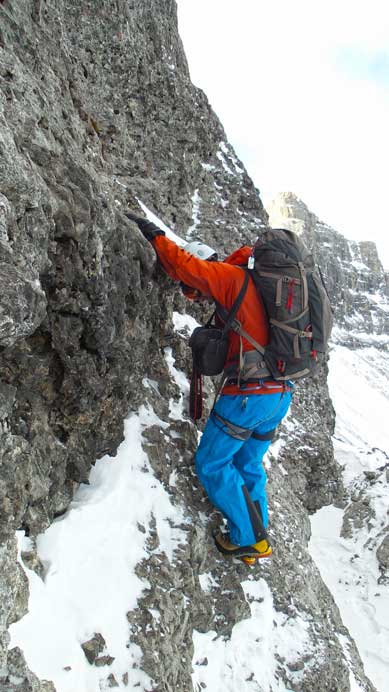 This picture clearly shows the angle of terrain at the crux. Snow only made things harder.
