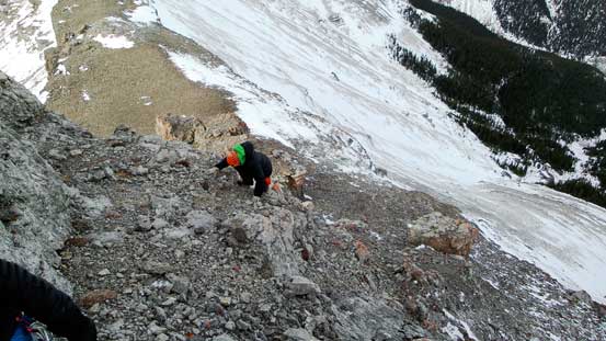 Moderate scrambling immediately above the crux.