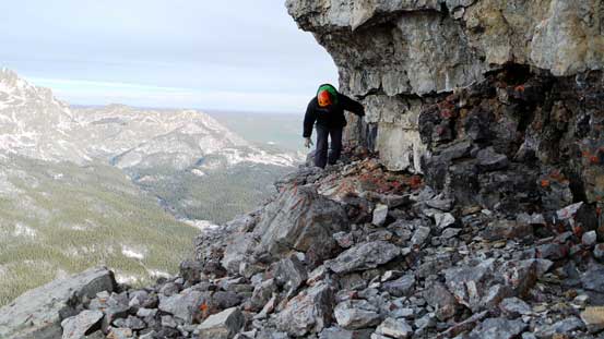 This is the key traversing ledge. Vern ducking underneath some overhangs