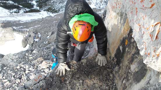 This ledge terminates at another scrambling section