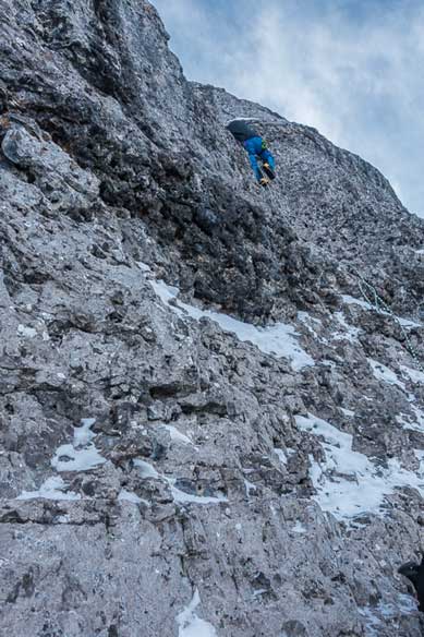 Ben free-soloing up the crux wall.