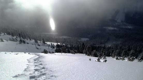 Looking down from just above treeline