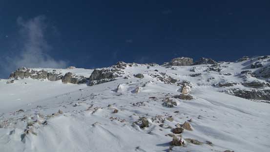 Hitting scree now, but there'd be more deep snow coming up...