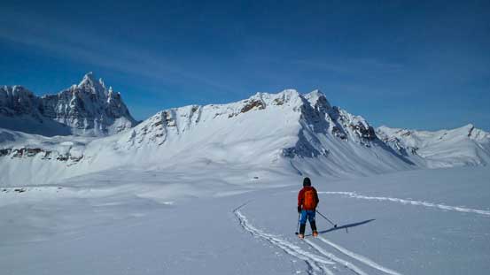 Ben skiing down from the summit of the north peak