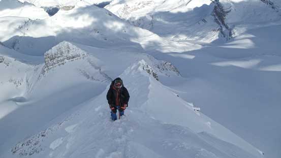 Ben ascending the ridge in very cold weather