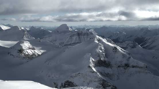 Mt. Des Poilus rises behind Ayesha Peak. Des Poilus will be my last major summit on the entire Wapta Icefield!