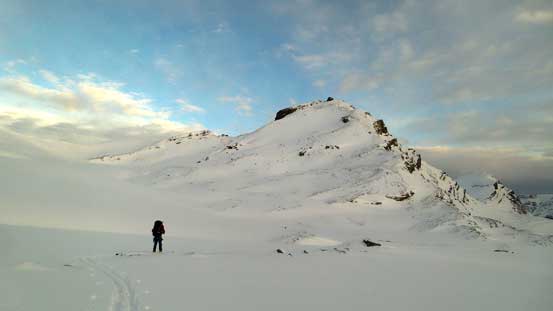 Ben skiing towards Peyto Peak in the morning. 