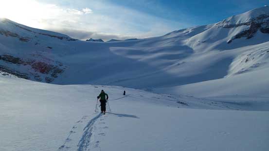 Vern and Ben skiing up the lower slopes