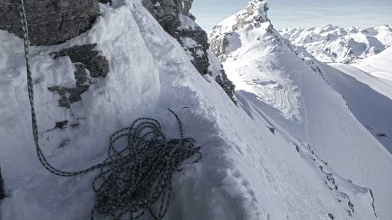 This picture (taken on the descent) shows the angle of the snow on this ledge