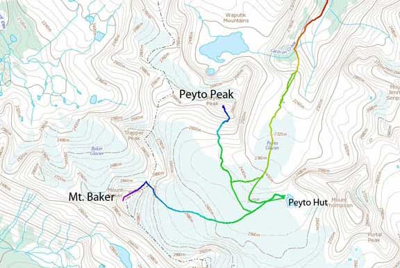 Ski ascent route for Mt. Baker and Peyto Peak