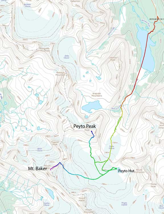 Ski ascent route for Mt. Baker and Peyto Peak