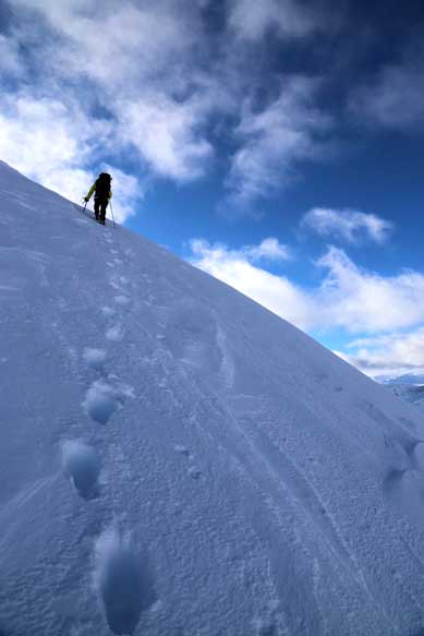 Higher up we had to stay on the North side to avoid the cornices. Photo by Ben