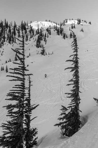 Me survival skiing the heavily tracked and icy gullies. Photo by Vern