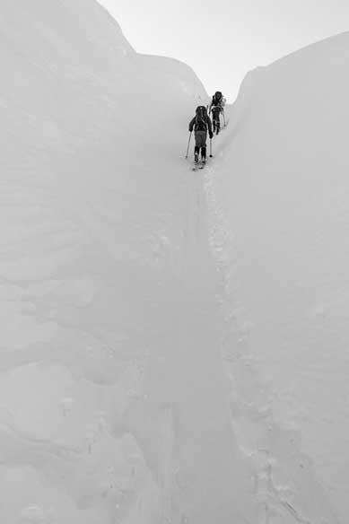 Ben and I skinning through an interesting section. It looks like we went right through a crevasse. Photo by Vern