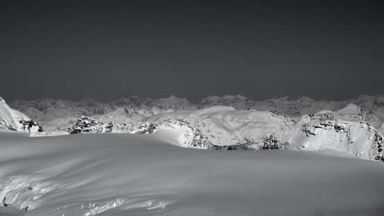 Way in the distance are peaks on Freshfield Icefield. Mt. Freshfield left of center