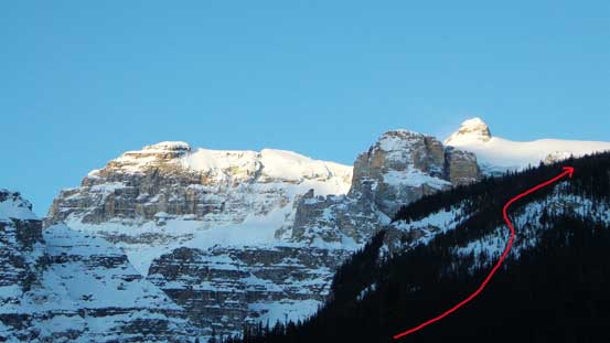 Cathedral Mountain in the morning. My ascent route through trees is roughly shown