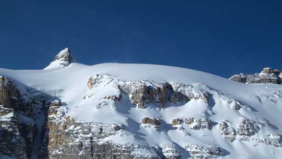 Zooming in towards the glacier high above. The high point isn't the summit even.