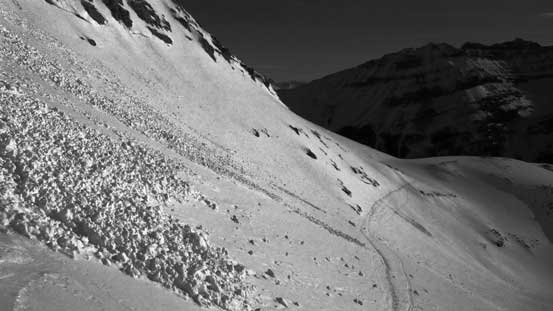 Partway through the crux section, looking back. Note the debris..