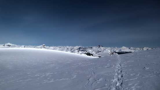 Looking back from the glacier. Mt. Hector dominates the skyline