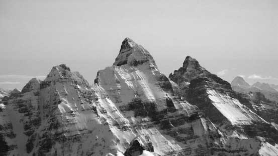 Hungabee with Deltaform just to its right. Assiniboine way in the distance on the far right