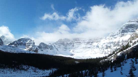 Some clouds hanging around Hungabee Mountain